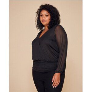 Women Le Chateau Mesh & Knit V-Neck Black Top 3X